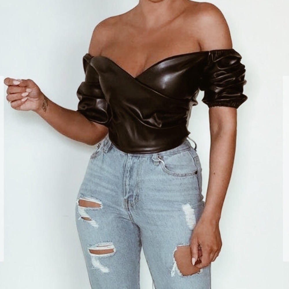 Leather Puffy Off the Shoulder Crop Top